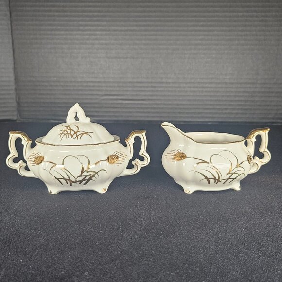 2 Piece Set Vintage 1940s Lefton China Footed Wheat Pattern Sugar Bowl & Creamer - Picture 1 of 12